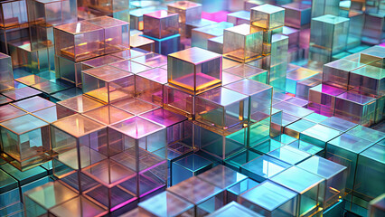 A vibrant collection of translucent cubes in various sizes and colors is artistically arranged to form an abstract pattern, reflecting light and creating an eye-catching visual effect
