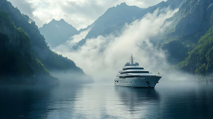 Luxury Yacht in Misty Fjord, 3D Illustration