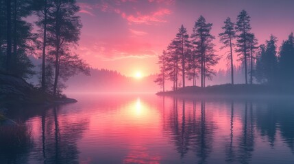 Fototapeta premium Dreamy sunrise over misty forest lake, pink and blue sky reflection, tranquil nature, serene scenery, peaceful water, atmospheric landscape, calming environment.