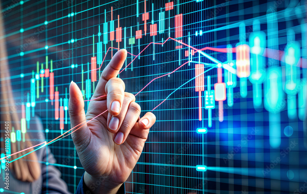 Poster a person points towards an interactive stock market chart featuring candlestick patterns and fluctua