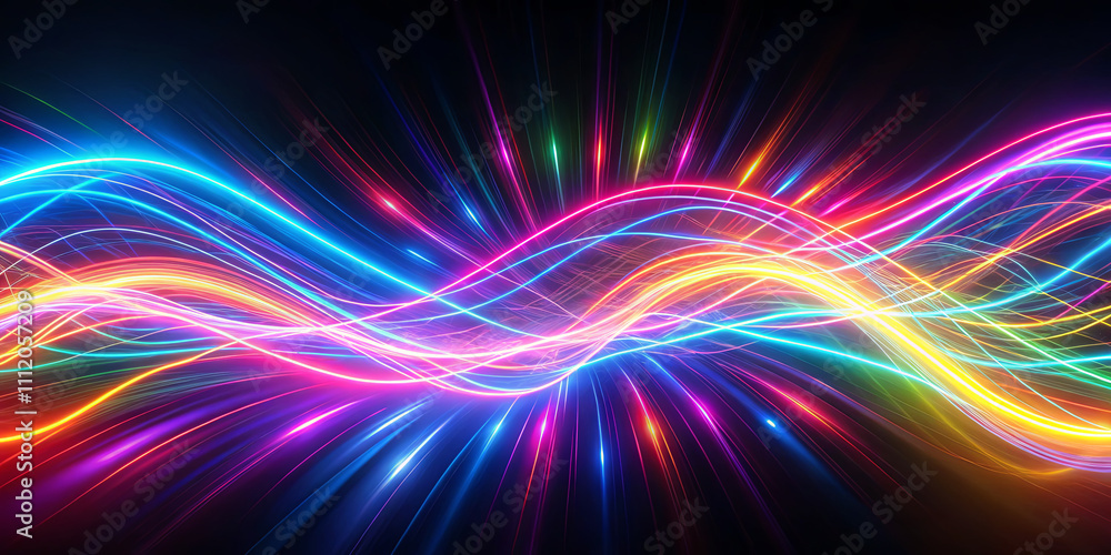 Aufkleber bright, multicolored light waves ripple across a dark background, creating an energetic display of c