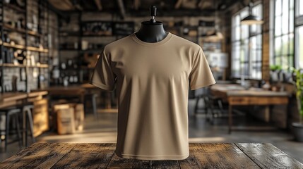 Fototapeta premium Henley 3D Render MOCKUP T-shirt in Sand Color on a Mannequin. Generative AI