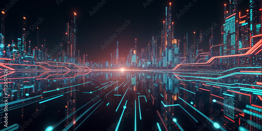 Poster a vibrant city skyline is filled with towering structures adorned by glowing neon lights. the scene 