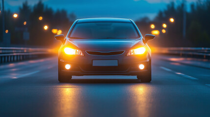 Fototapeta premium Car with headlights on drives along night street
