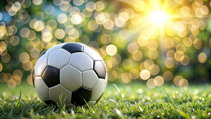 Fototapeta premium A black and white soccer ball is placed on lush green grass, illuminated by warm sunlight. The background is filled with a soft bokeh effect, creating a serene and vibrant atmosphere