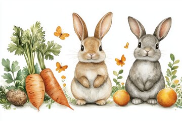 Two cute rabbits surrounded by vegetables and butterflies in a whimsical setting.