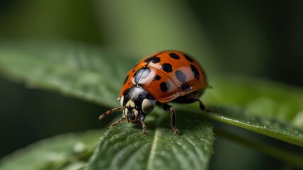 Natural closeup on the invasive harlequin, multicoloured or Asian lady beetle, Harmonia axiridis sitting on a green leaf