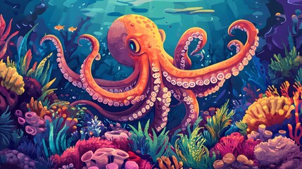 Obraz premium Octopus and beautiful underwater scenery, Underwater Scene with Incredible Commotion of an Octopus