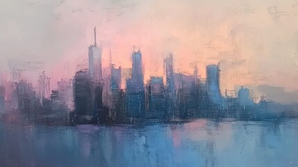 Abstract cityscape painting, pastel sunset hues.