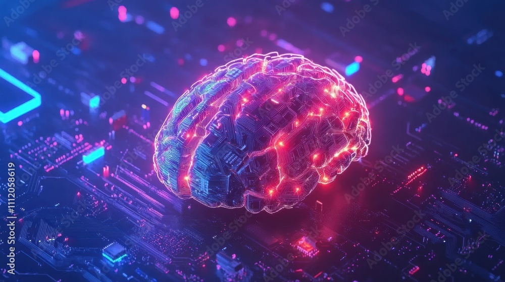 Leinwandbilder A digital AI chip merges with an abstract brain, highlighting tech and AI integration in a deep blue setting. Generative AI