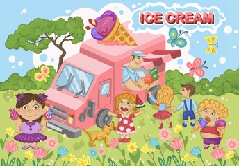 Kids buying ice cream from a pink truck in a park illustration