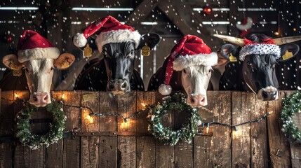 Festive Christmas cows in a cozy barn setting