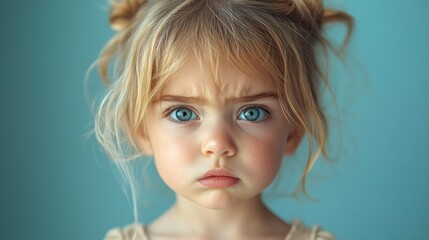 Portrait of sad little girl with blue eyes, tear-stained face, pigtails, emotional child expression, turquoise background, innocence, vulnerability, close-up, young kid crying.
