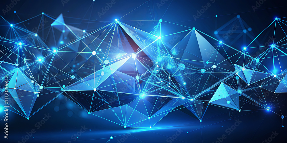 Poster a dynamic composition of blue and white triangles forms a network, interconnected with luminous line