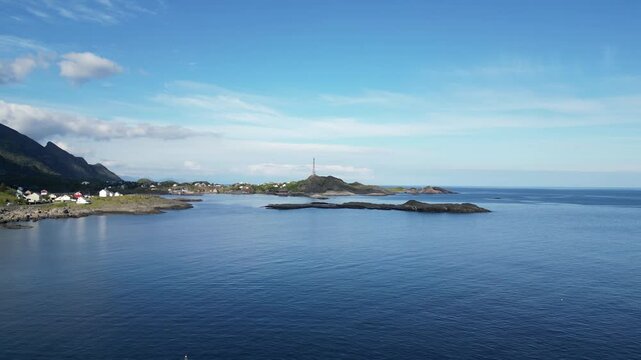 Landscape at the Vestfjord with a view from A to the villages Tind and Sorvagen. A i Lofoten in the Lofoten district in Norway