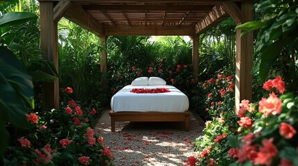 A serene outdoor bed surrounded by lush greenery and flowers, ideal for relaxation.