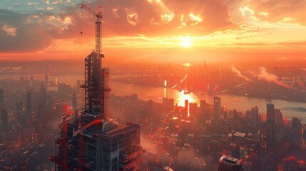 Cityscape Under Construction at Sunset