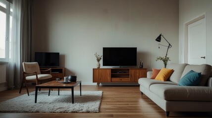 Shabby wooden table with chairs and vase located near comfortable couch against light walls with decorations and TV in modern apartment 