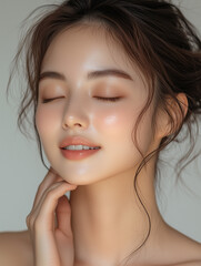 Naklejka premium Korean beauty model showcasing radiant skin while applying face serum in a serene natural setting