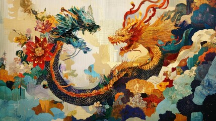 Two majestic dragons, intricately detailed, face each other amidst vibrant floral and cloud motifs.