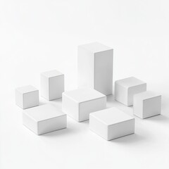 A collection of white minimalistic display blocks arranged artistically on a clean surface in a well-lit environment
