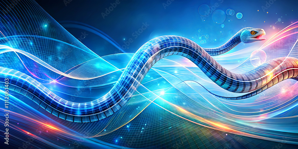 Poster a digital serpent moves elegantly among bright waves of color and light. the design features intrica