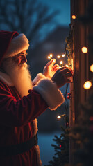 Santa Flipping the Switch at an Inverter, Causing Christmas Lights to Illuminate