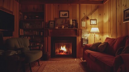 Cozy cabin, fireplace glowing, comfortable seating.