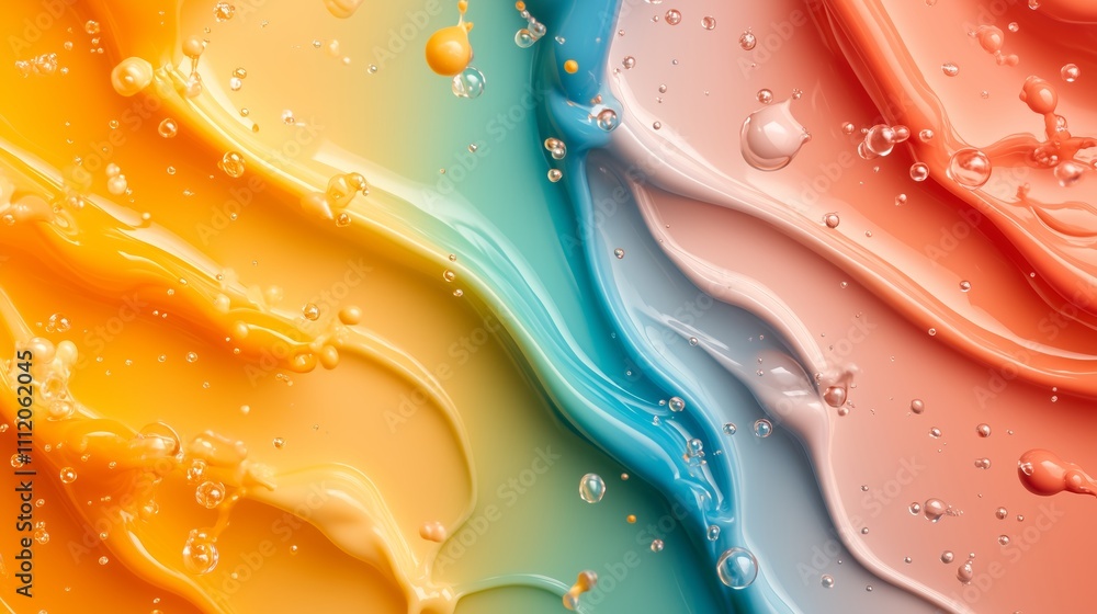 Poster vibrant swirls of colorful paint with bubbles on canvas creating a stunning artistic effect in a bri