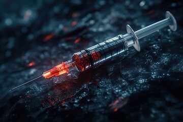 A 3D rendering of a syringe interacting with viruses, highlighting immunization and vaccine. AI generated image