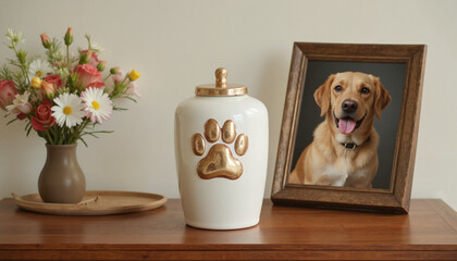 White pet urn with gold paw print, dog photo, and flowers