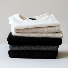 A neatly folded stack of warm sweaters ideal for a cozy capsule wardrobe at home during the autumn season