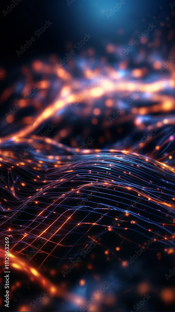 Poster a vibrant abstract display features flowing waves intertwined with glowing particles, creating a dyn