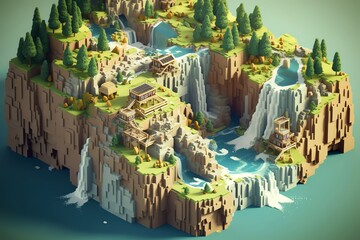 Low-poly isometric landscape with waterfalls, houses, and forest.