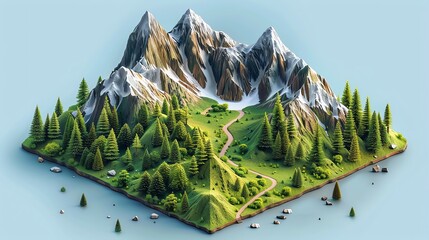 Low-poly isometric mountain landscape with trees and path.