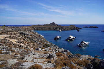 panoramic view of Lindos bay with yatches and boats