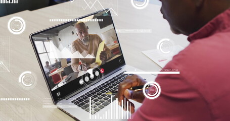 Image of financial data processing over diverse business people on laptop image call