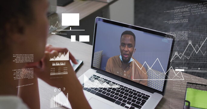 Image of financial data processing over diverse business people on laptop image call