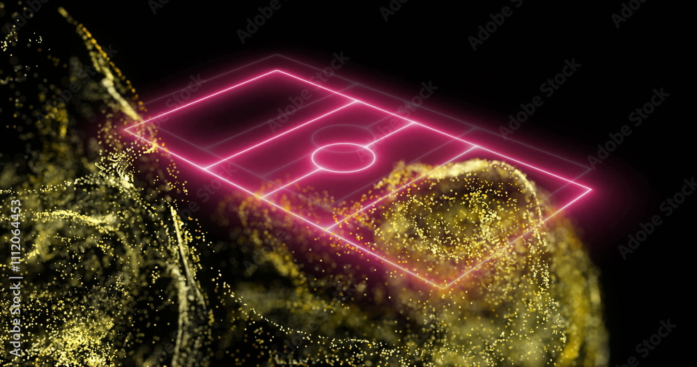 Poster golden particles forming abstract shape with neon grid image over black background