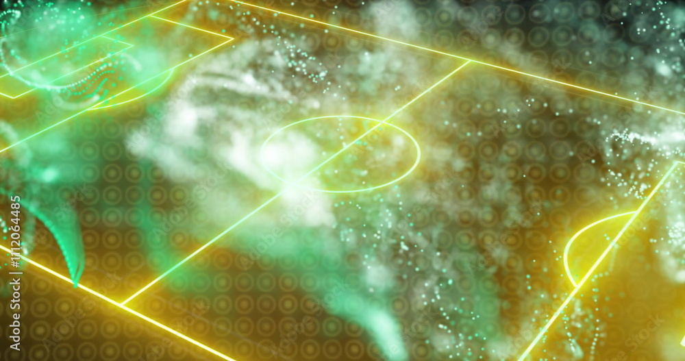 Poster abstract image of glowing particles and lines over soccer field layout