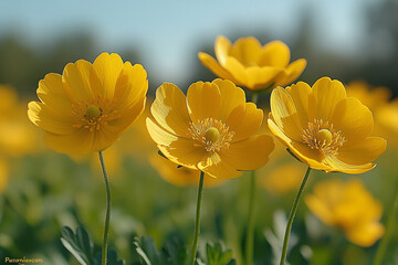 Obraz premium Yellow Flowers Blooming In Sunny Meadow