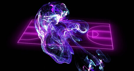 Fototapeta premium Abstract purple and pink fluid shapes image over basketball court lines