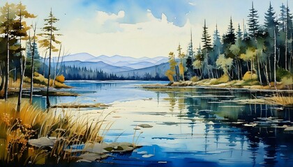 Fototapeta premium watercolor of a beautiful lake with empty copy space