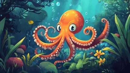 Octopus and beautiful underwater scenery, Underwater Scene with Incredible Commotion of an Octopus