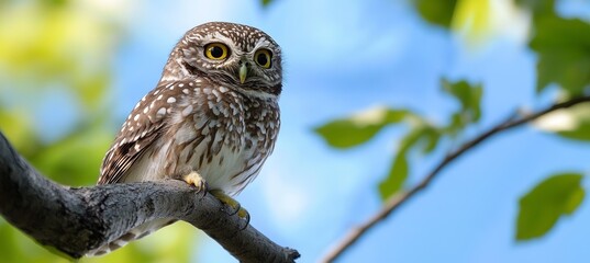 Obraz premium Owl bird on tree branch. Wildlife animal. Generative AI technology. 