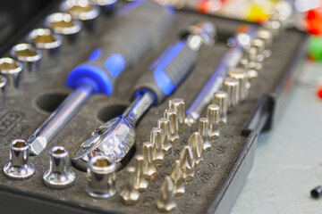 Electrical installation tools and materials for the assembly of electrical equipment. Soft focus....