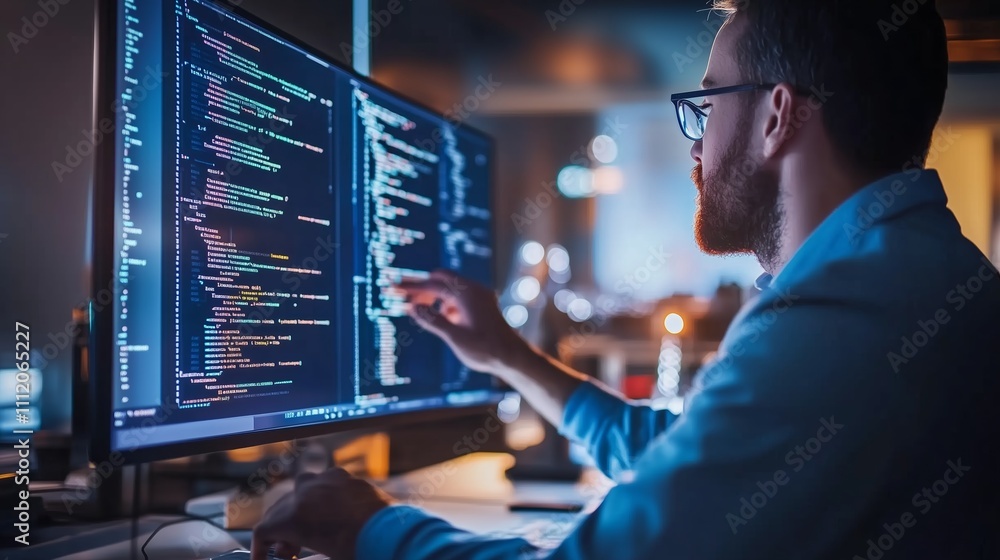 Poster person coding on a computer in a modern office environment during evening hours