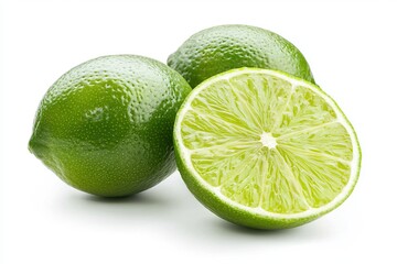 Fresh green lime with slices showcasing vibrant color and juicy texture against a clean white background