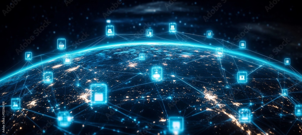 Poster World digital networking structure. Technology wireless server communication system. Business people team social linked database. Generative AI technology.	
