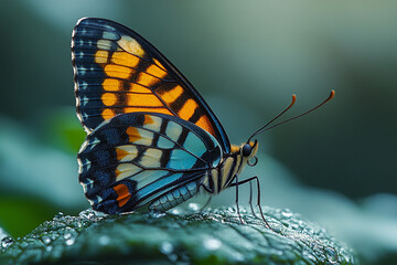 Obraz premium Vivid Butterfly Rests on Dew Covered Leaf